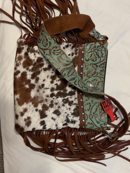 Holy Cow Couture Handbags - Turquoise Tooled Cowhide Fringe Shoulder Bag
